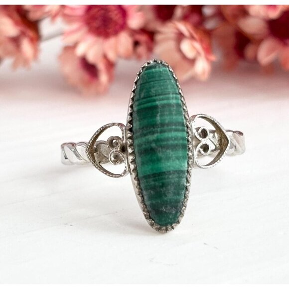 Natural Malachite Vintage Braided Shank Southwest Sterling Silver 925 Ring sz 8 - Picture 1 of 8